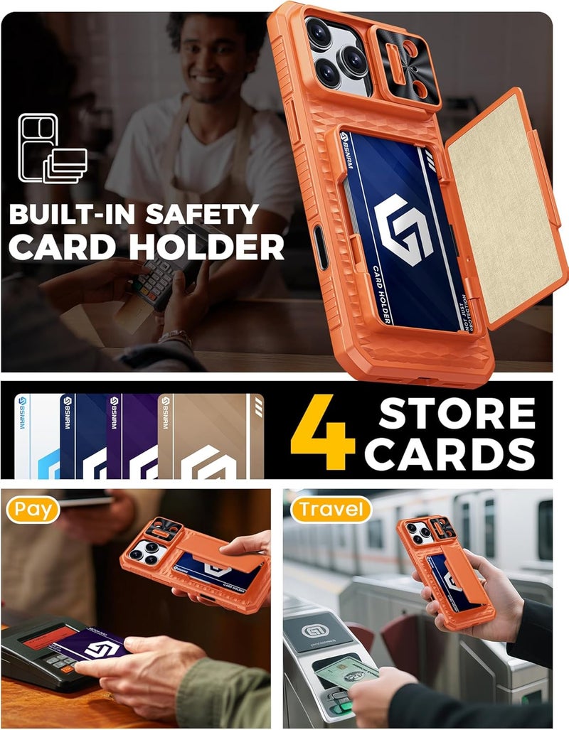 BSNRM for iPhone 17 Pro Max Case Wallet, Built-in RFID Blocking Card Holder (4-5 Cards), Camera Control Button, Slide Camera Cover, Shockproof Rugged Silicone Phone Case for iPhone 17 Pro Max, Orange - Image 4